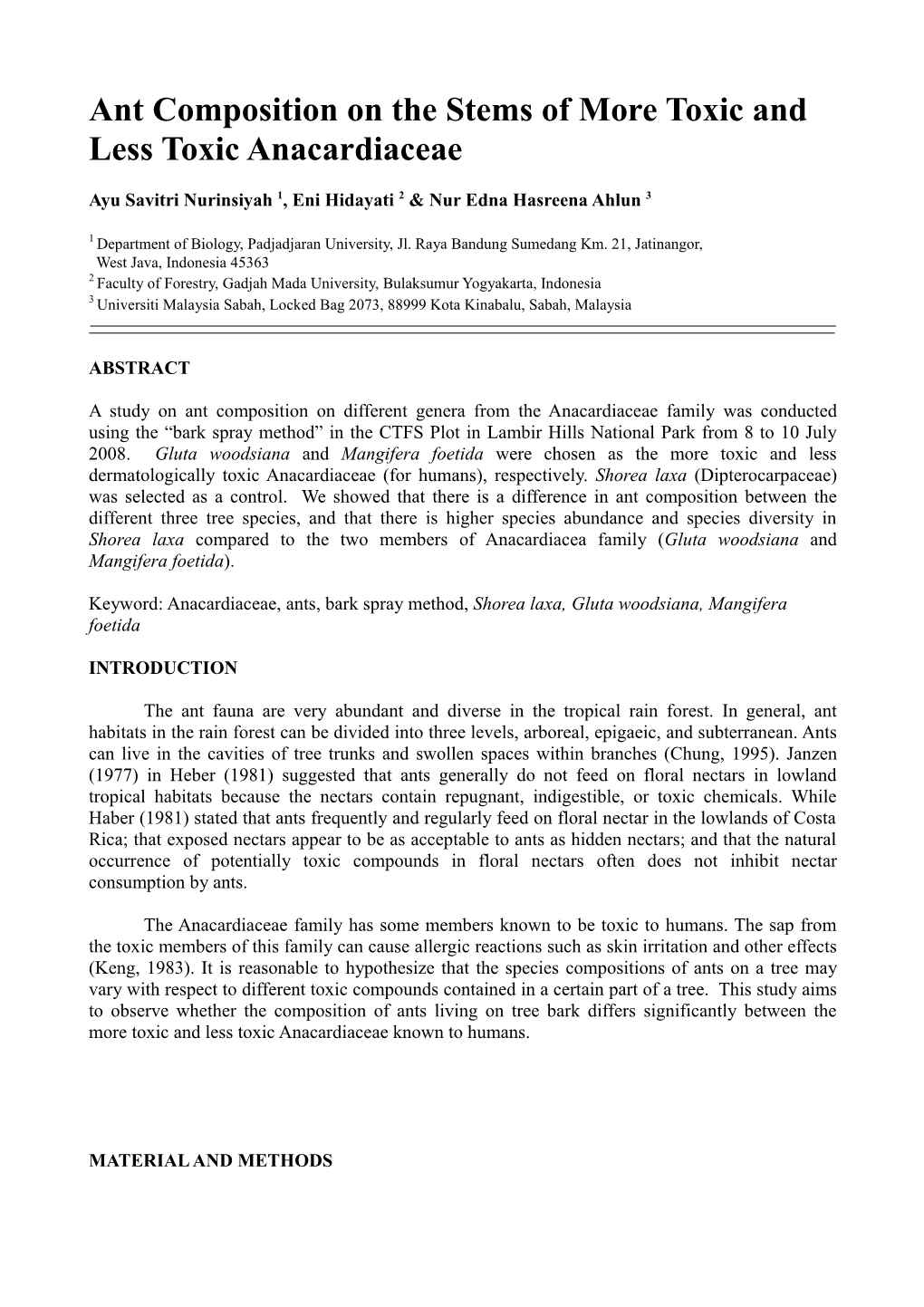 Ant Composition on the Stems of More Toxic and Less Toxic Anacardiaceae