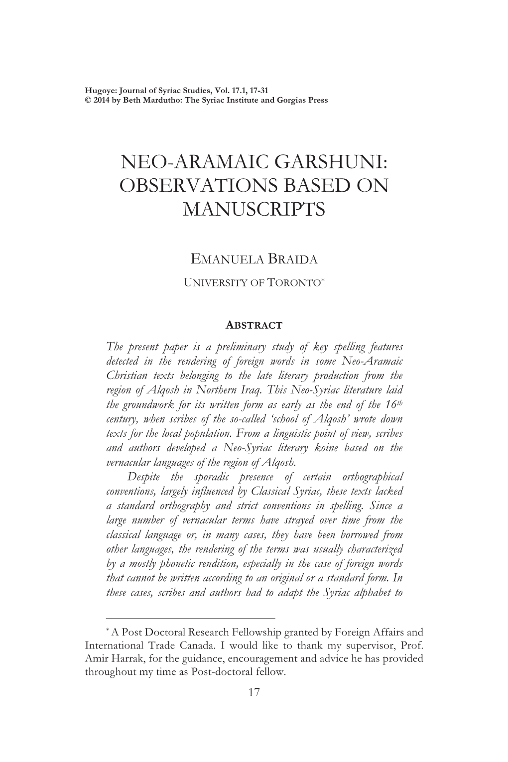 Neo-Aramaic Garshuni: Observations Based on Manuscripts