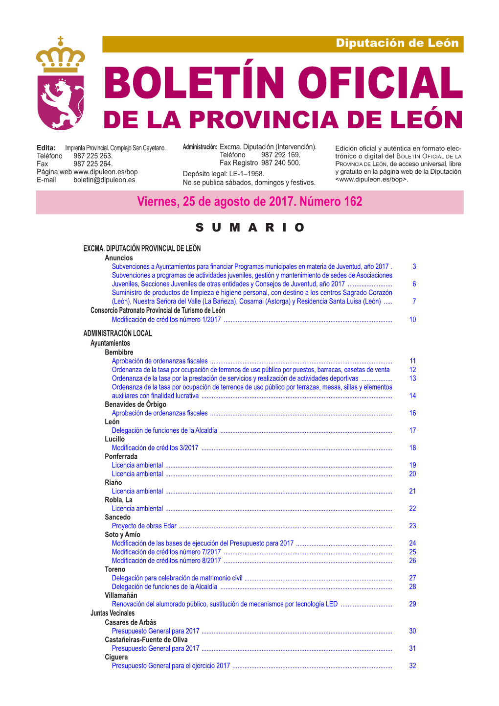 BOLETÍN OFICIAL DE LA PROVINCIA DE LEÓN Edita: Imprenta Provincial