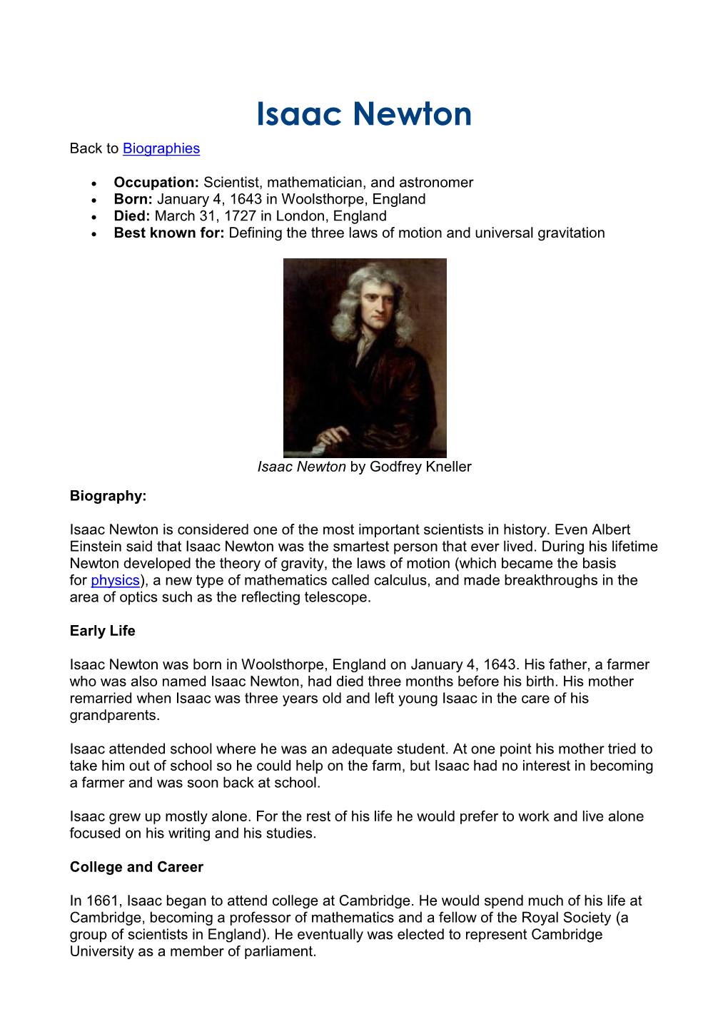 Isaac Newton Back to Biographies