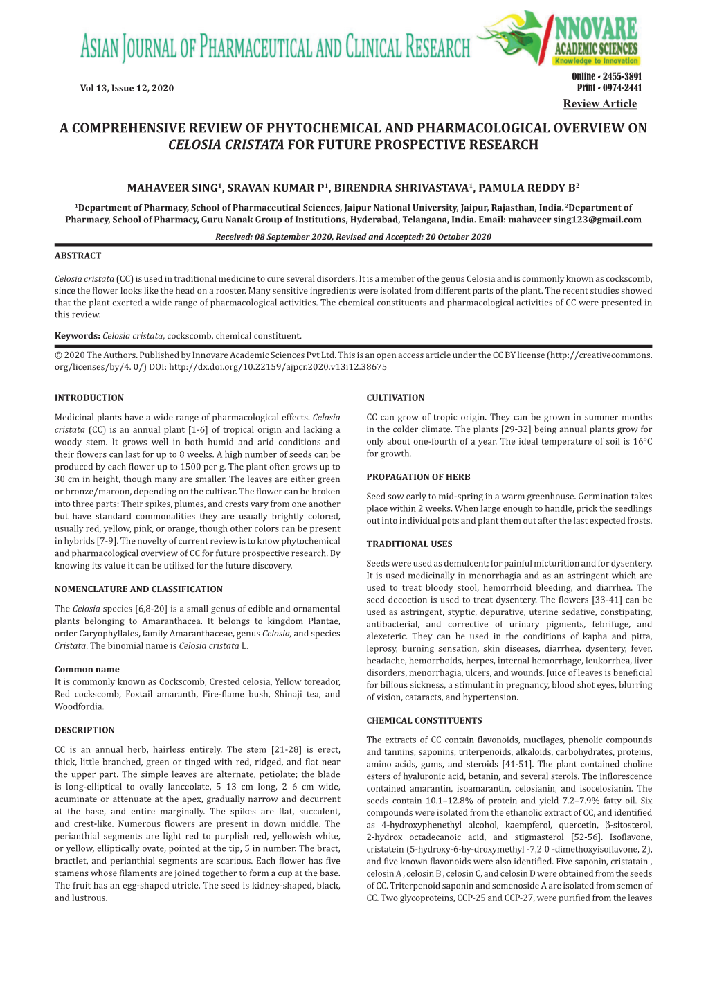 A Comprehensive Review of Phytochemical and Pharmacological Overview on Celosia Cristata for Future Prospective Research