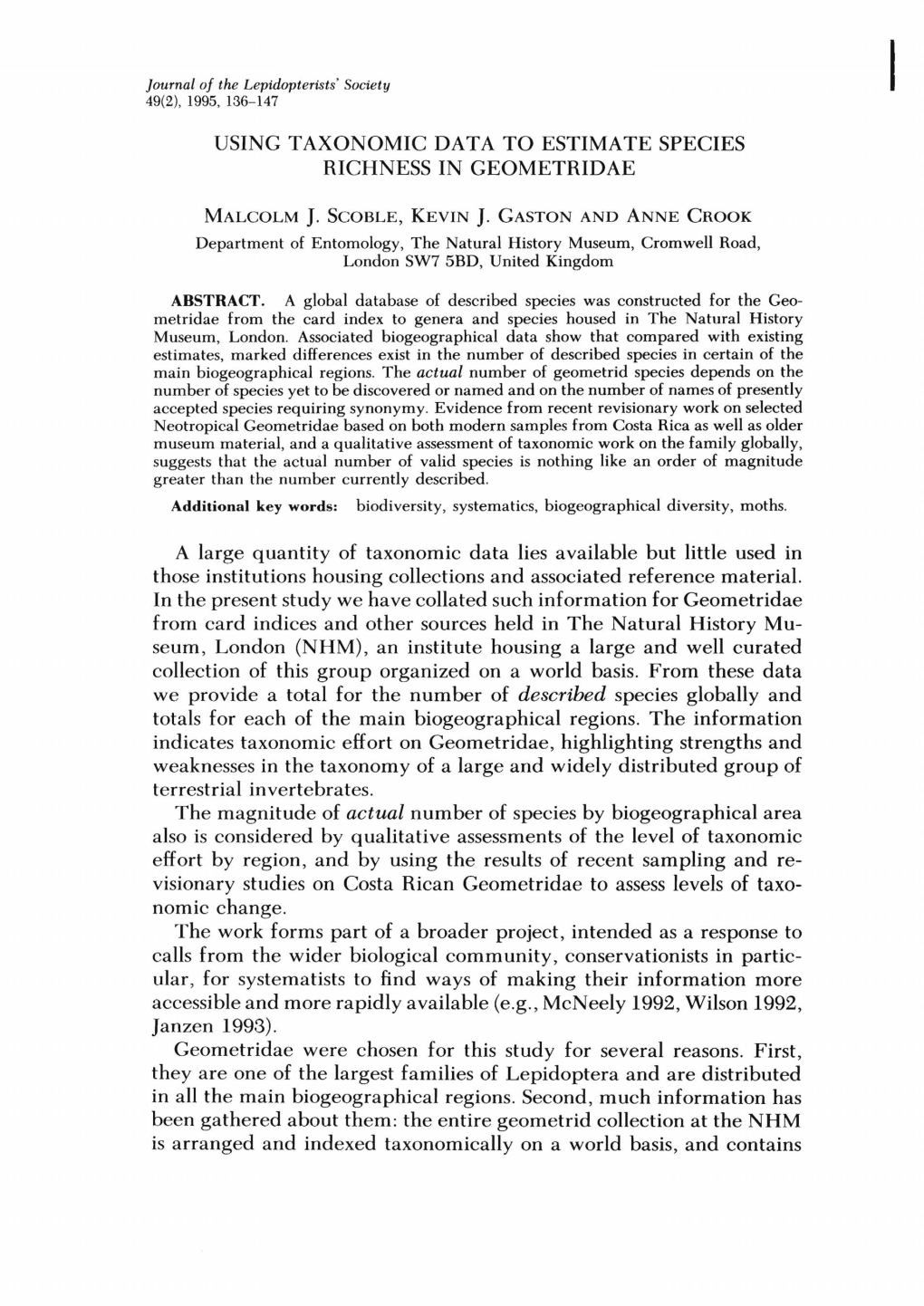 Using Taxonomic Data to Estimate Species Richness in Geometridae