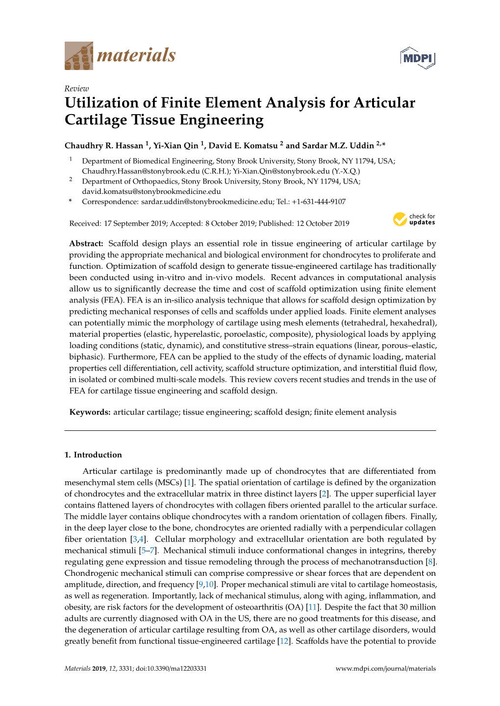 Utilization of Finite Element Analysis for Articular Cartilage Tissue Engineering