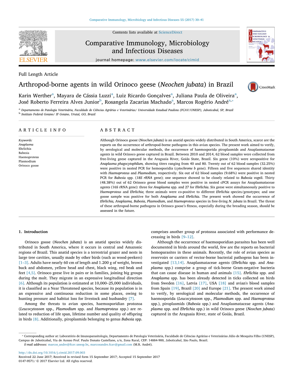 Arthropod-Borne Agents in Wild Orinoco Geese (Neochen Jubata)