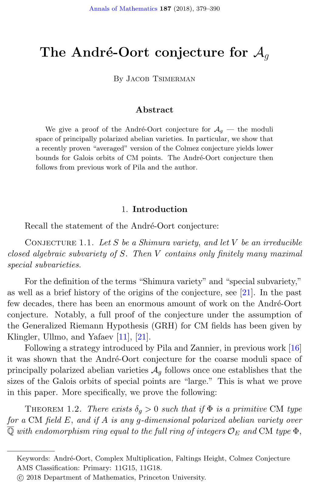 The André-Oort Conjecture for Ag