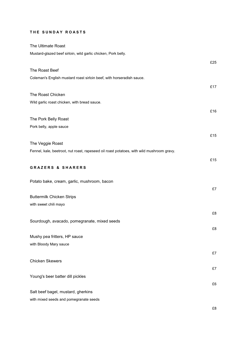 Sunday Roast Menu