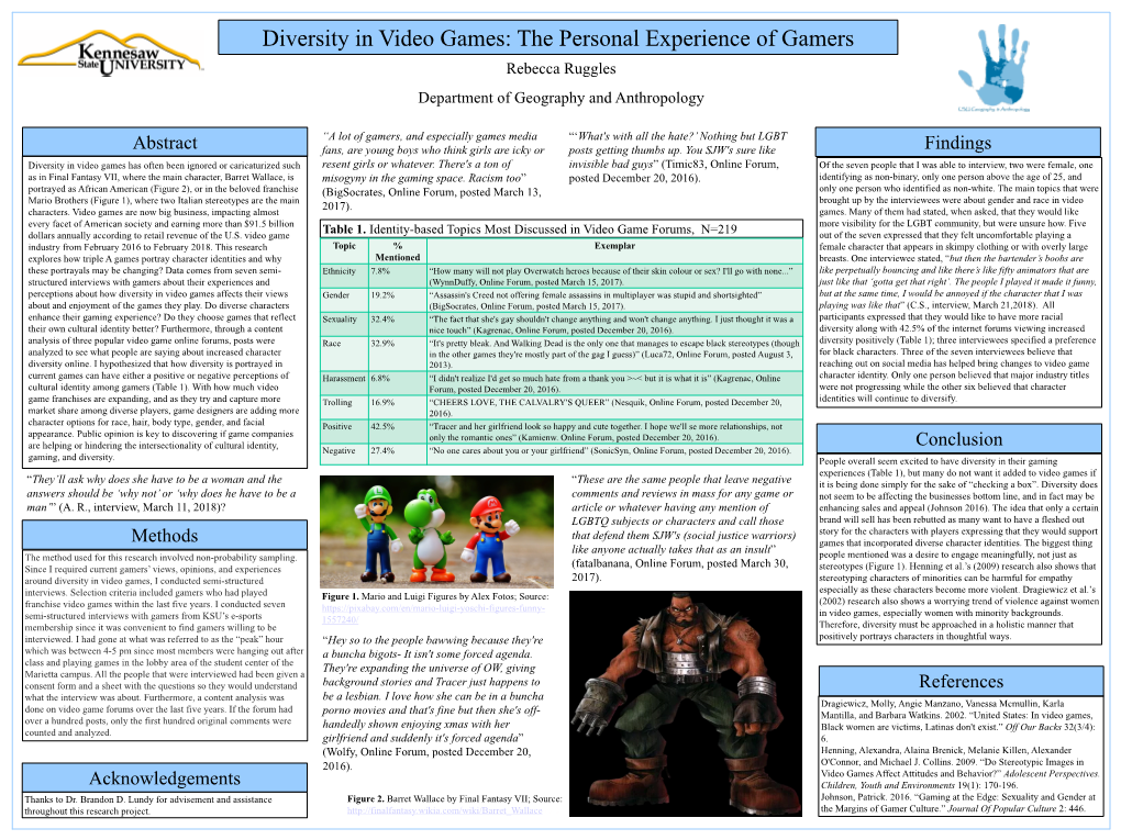 Diversity in Video Games: the Personal Experience of Gamers Rebecca Ruggles Department of Geography and Anthropology