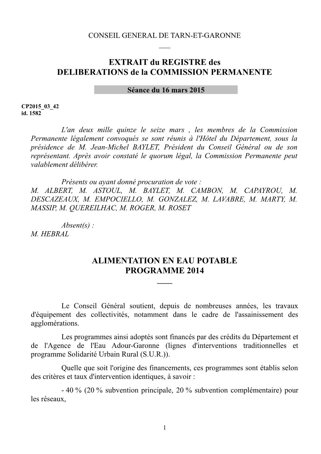 EXTRAIT Du REGISTRE Des DELIBERATIONS De La COMMISSION PERMANENTE