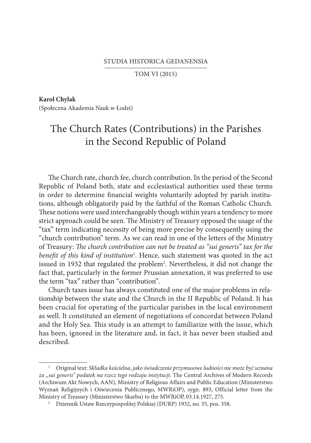 The Church Rates (Contributions) in the Parishes in the Second Republic of Poland