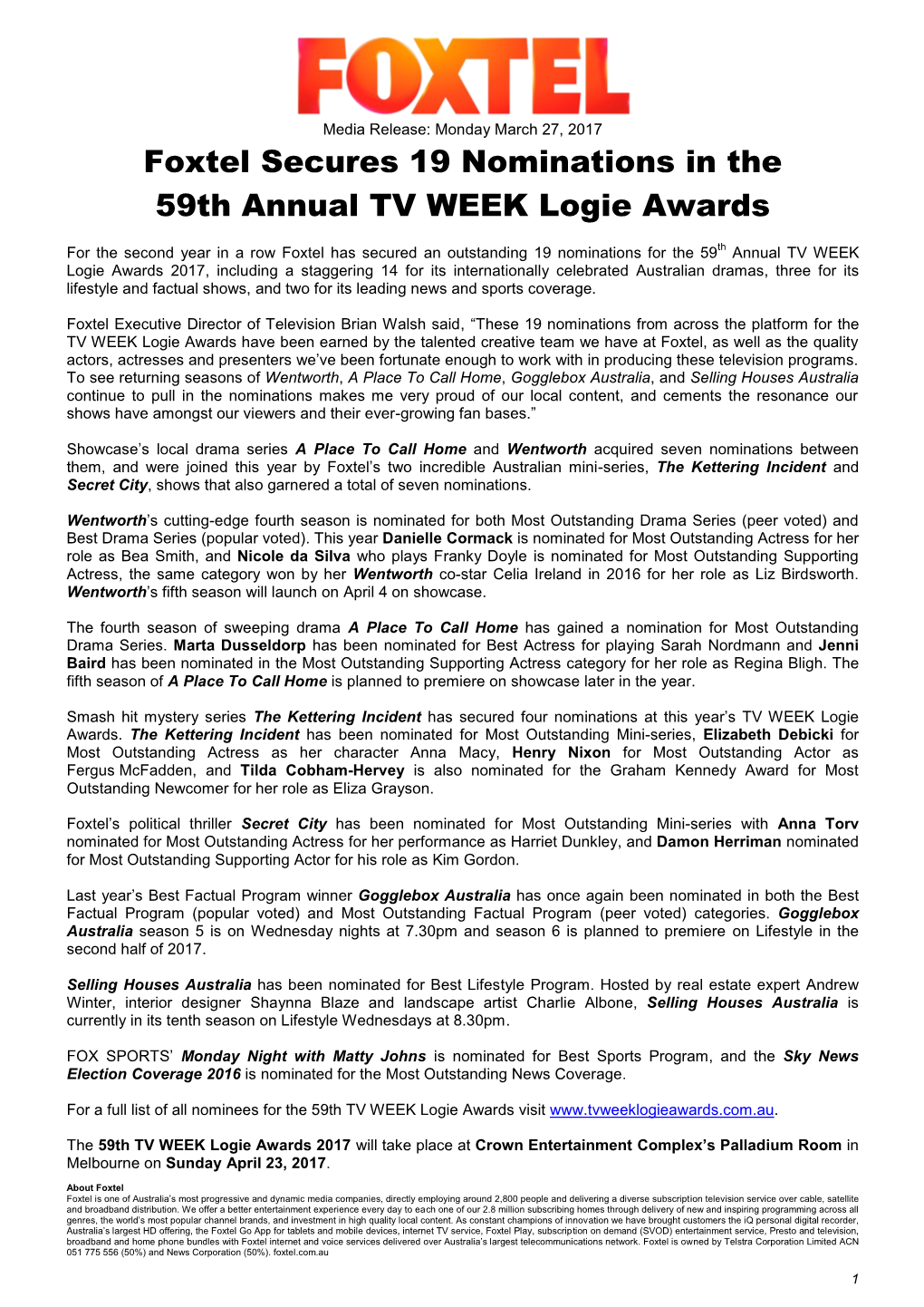Foxtel Secures 19 Nominations in the 59Th Annual TV WEEK Logie Awards