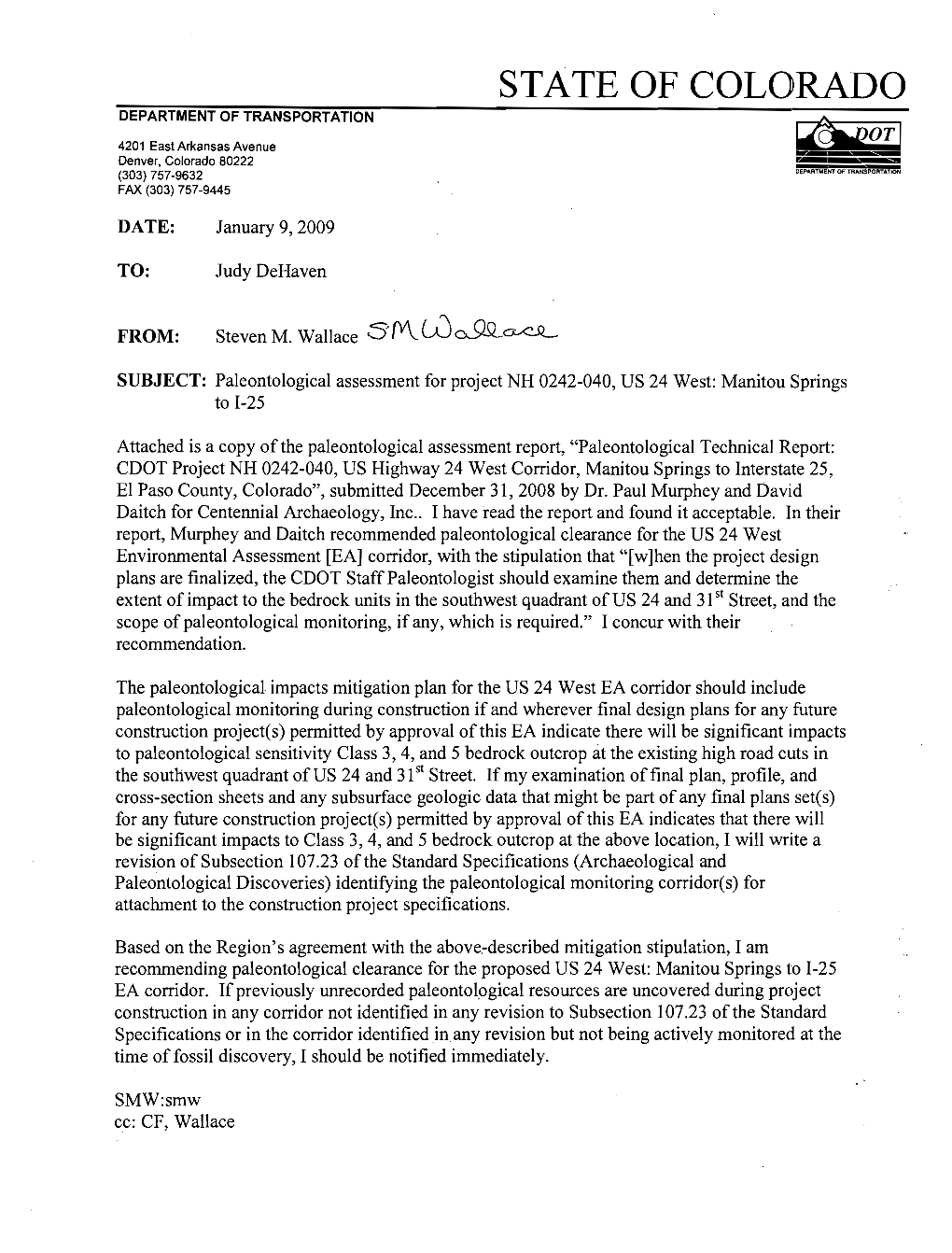 Paleontological Technical Report: Cdot Project Nh 0242-040, Us Highway 24 West Corridor, Manitou Springs to Interstate 25, El Paso County, Colorado