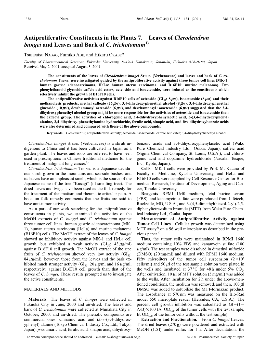 Antiproliferative Constituents in the Plants 7. Leaves of Clerodendron Bungei and Leaves and Bark of C