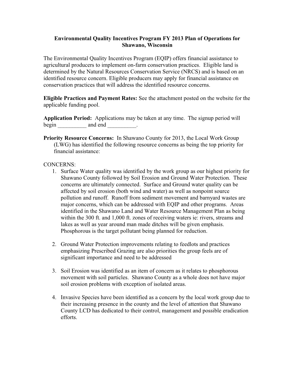 Environmental Quality Incentives Program FY 2010 Plan of Operations for Insert County Or s1