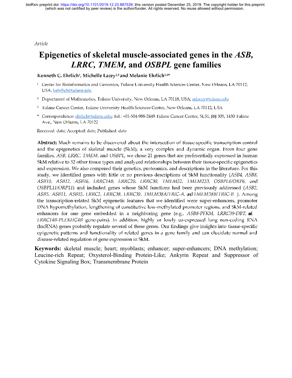 Epigenetics of Skeletal Muscle-Associated Genes in the ASB, LRRC, TMEM, and OSBPL Gene Families Kenneth C