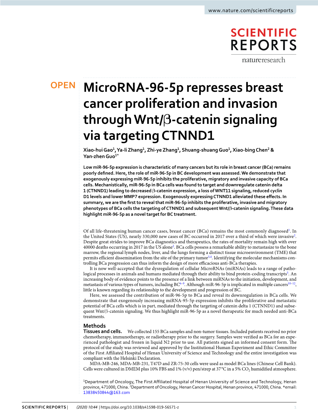 Microrna-96-5P Represses Breast Cancer Proliferation and Invasion