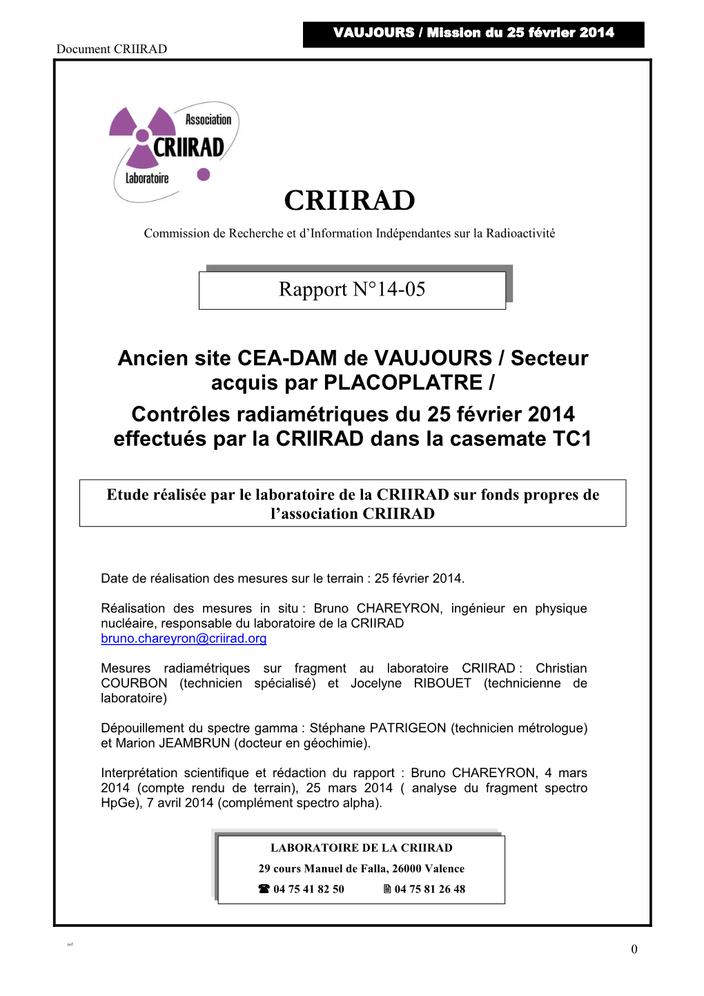 Note CRIIRAD N°14-05 Vaujours