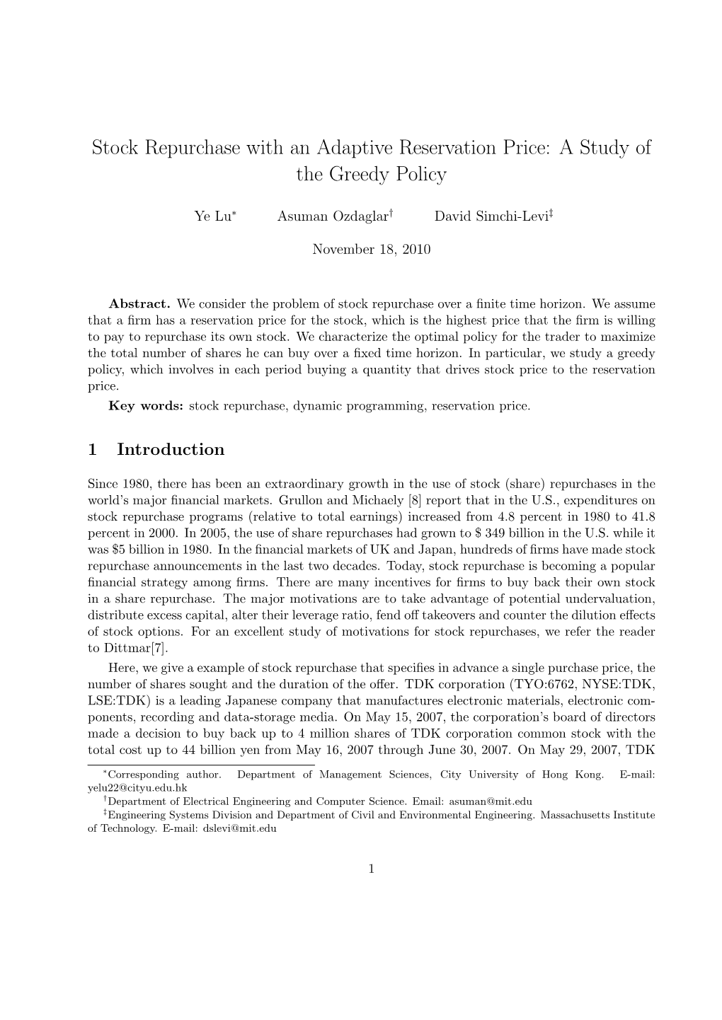 Stock Repurchase with an Adaptive Reservation Price: a Study of the Greedy Policy