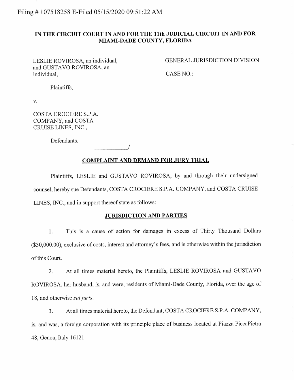 Filing # 107 51825 8 E-Filed 05/15/2020 09: 51 :22 AM