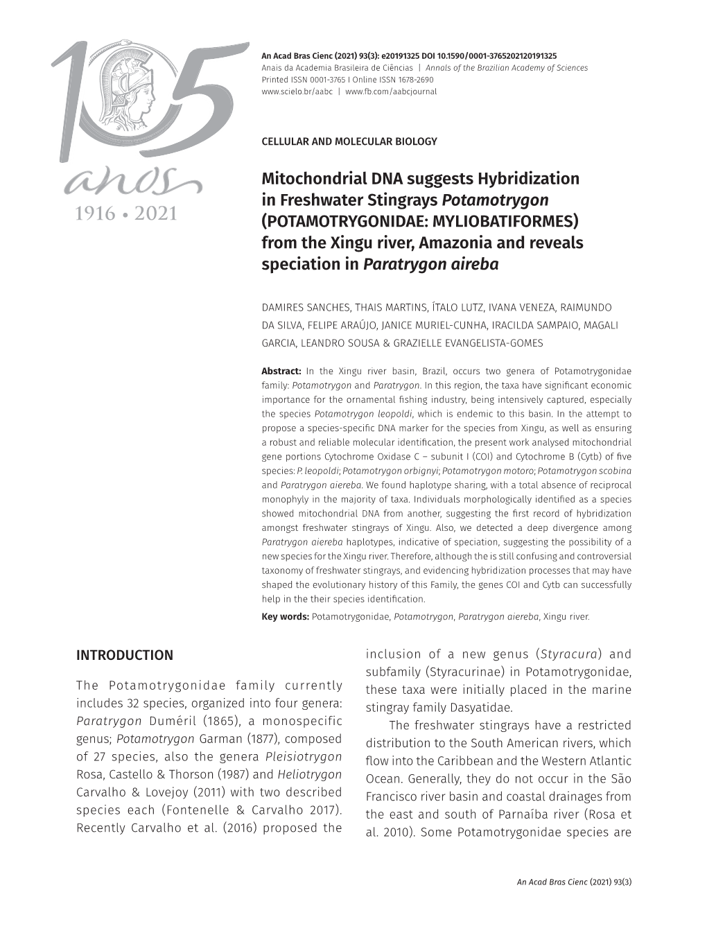 From the Xingu River, Amazonia and Reveals Speciation in Paratrygon Aireba Academy Section: CELLULAR