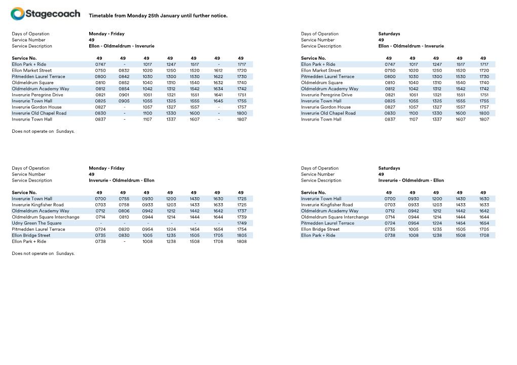 Timetable from Monday 25Th January Until Further Notice