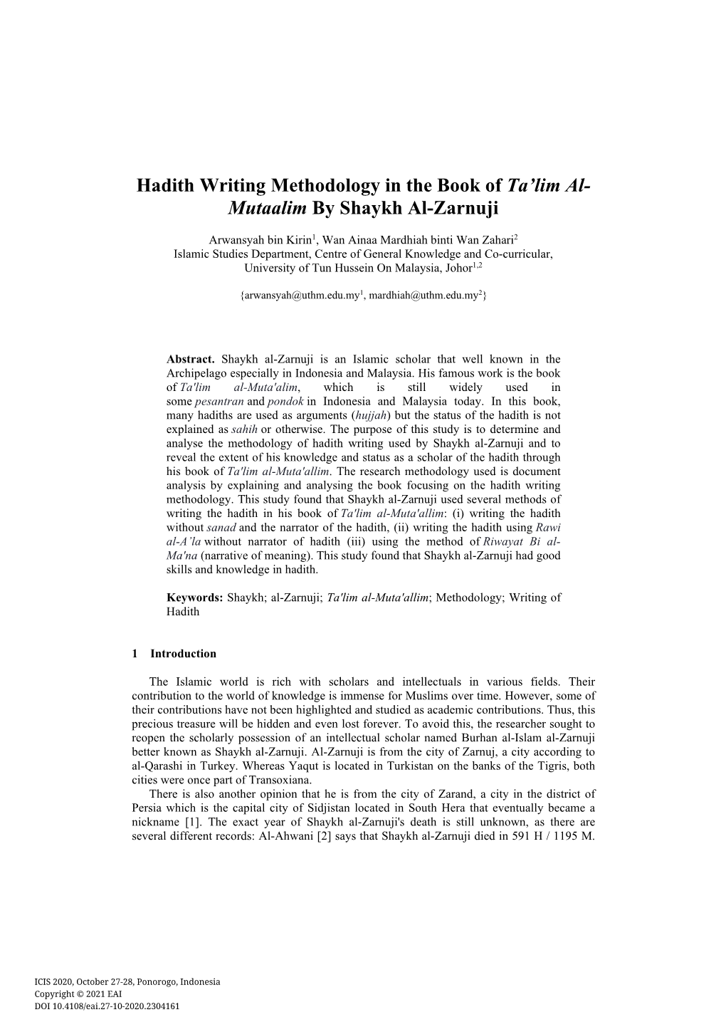 Hadith Writing Methodology in the Book of Ta'lim Al