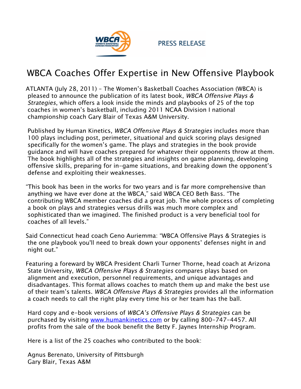 WBCA Coaches Offer Expertise in New Offensive Playbook 2011-12