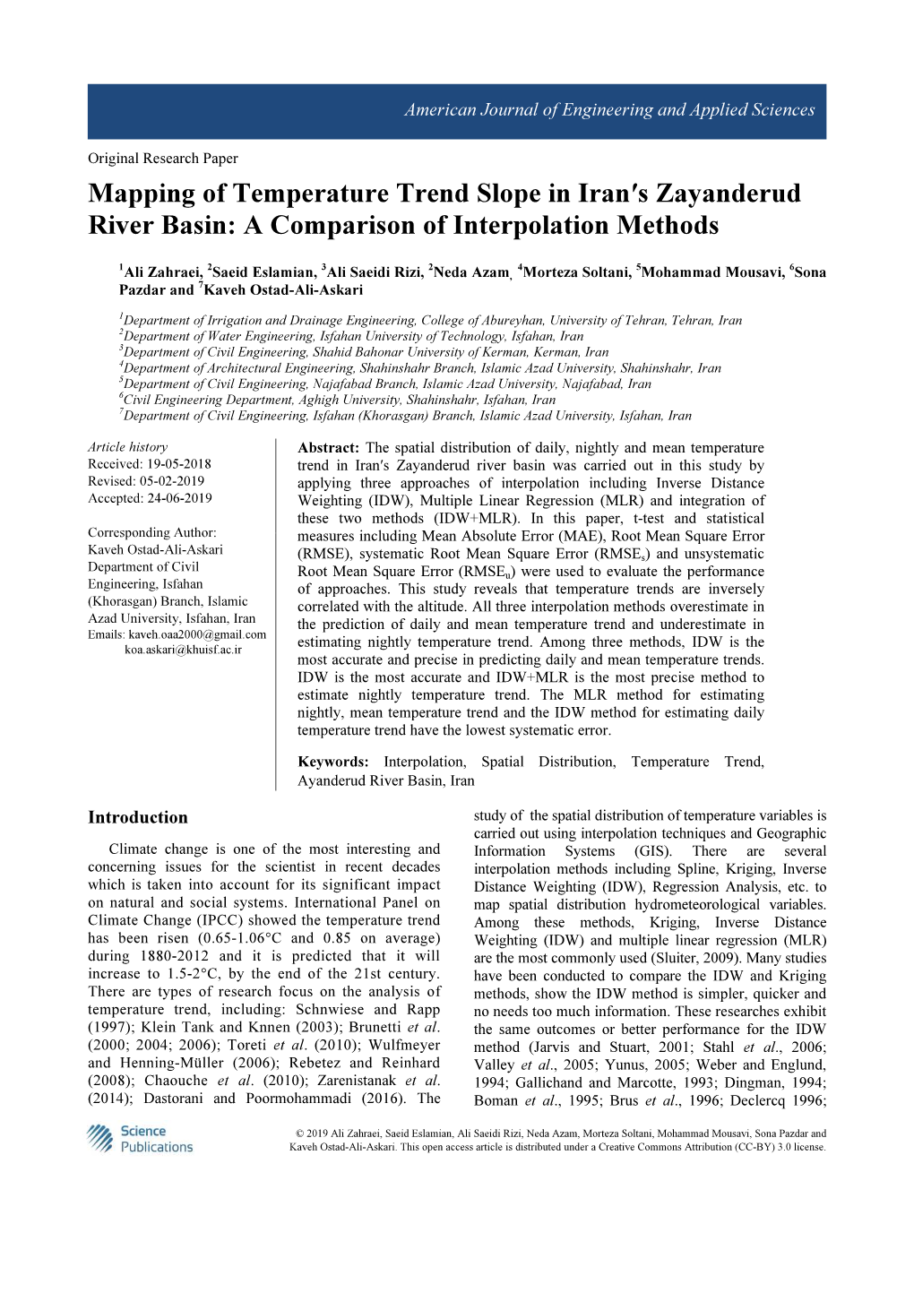 Mapping of Temperature Trend Slope in Iran′S Zayanderud River Basin: a Comparison of Interpolation Methods