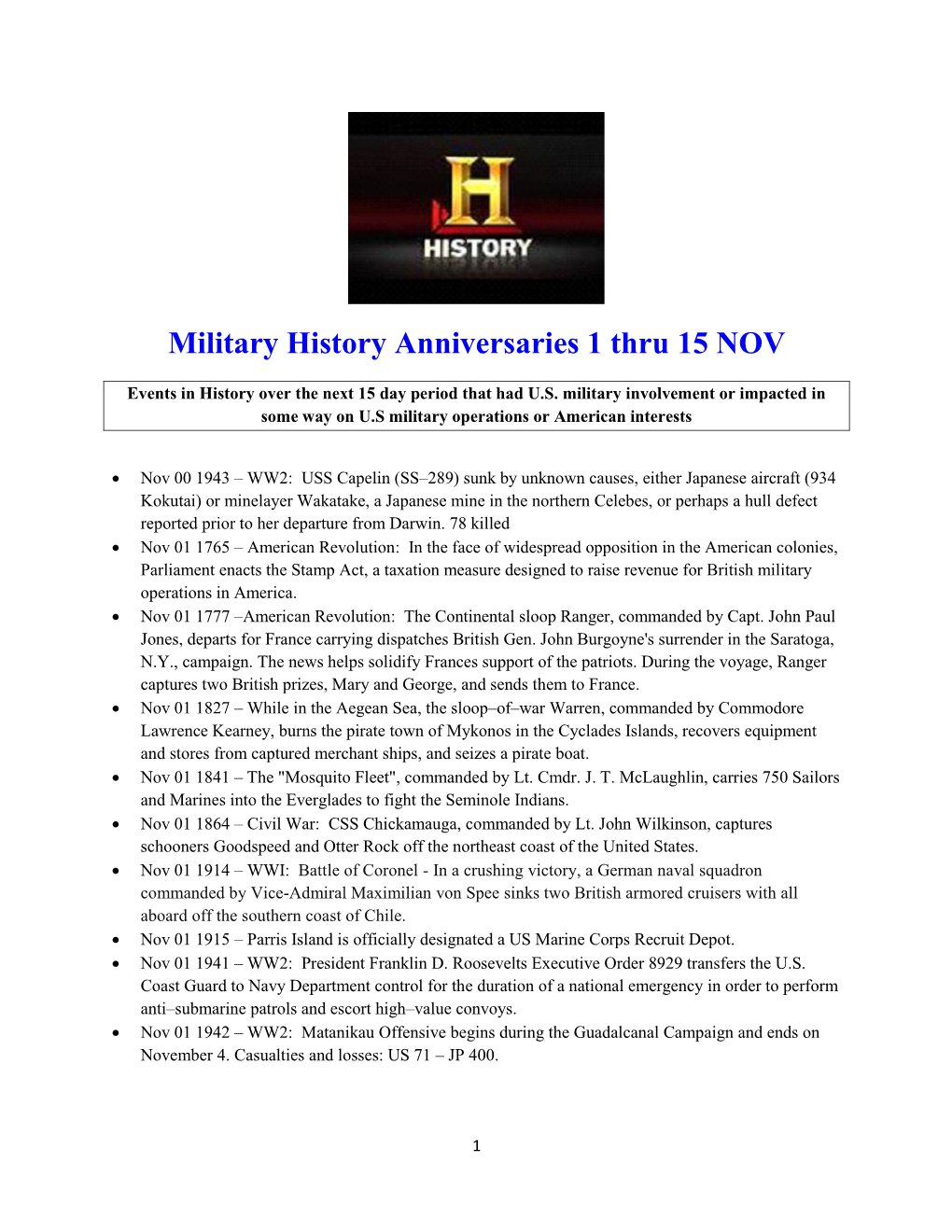 Military History Anniversaries 1 Thru 15 NOV