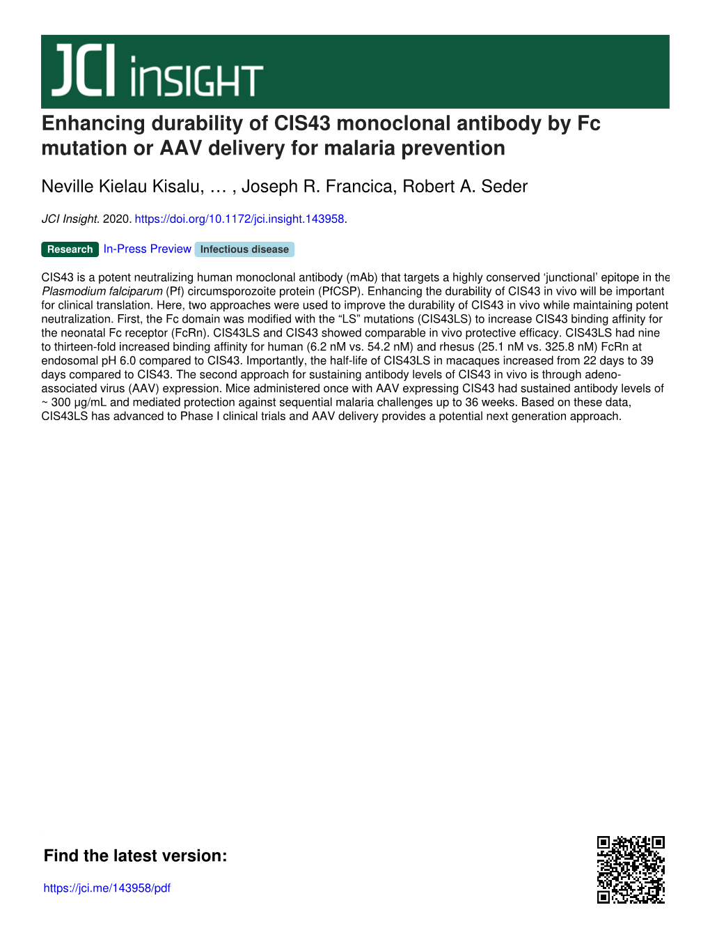 Enhancing Durability of CIS43 Monoclonal Antibody by Fc Mutation Or AAV Delivery for Malaria Prevention