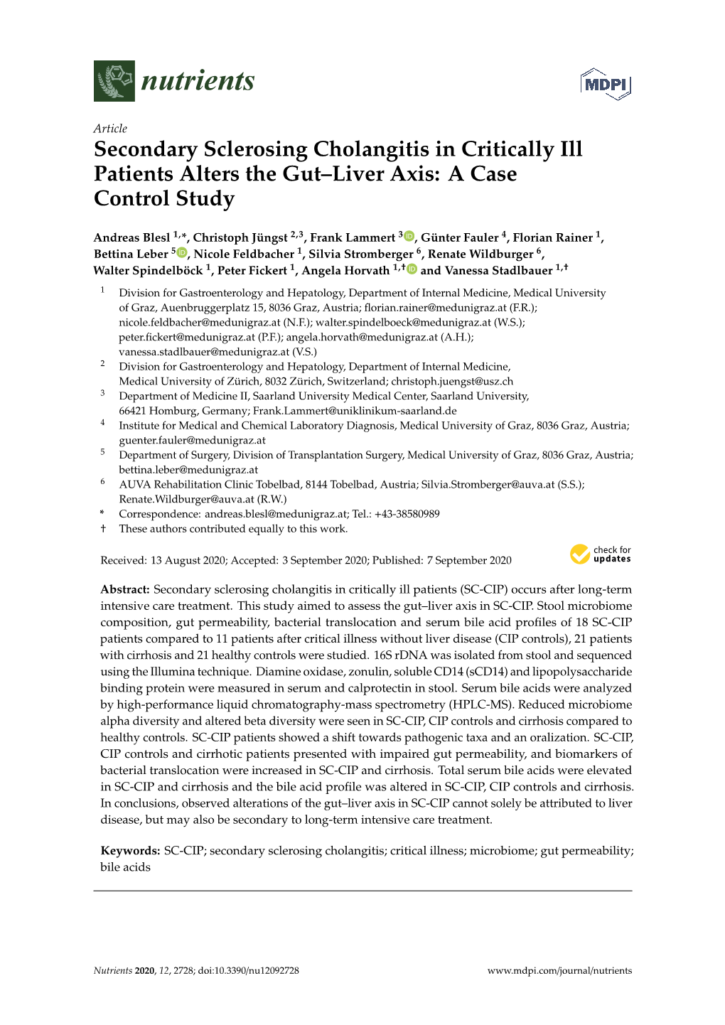 Secondary Sclerosing Cholangitis in Critically Ill Patients Alters the Gut–Liver Axis: a Case Control Study