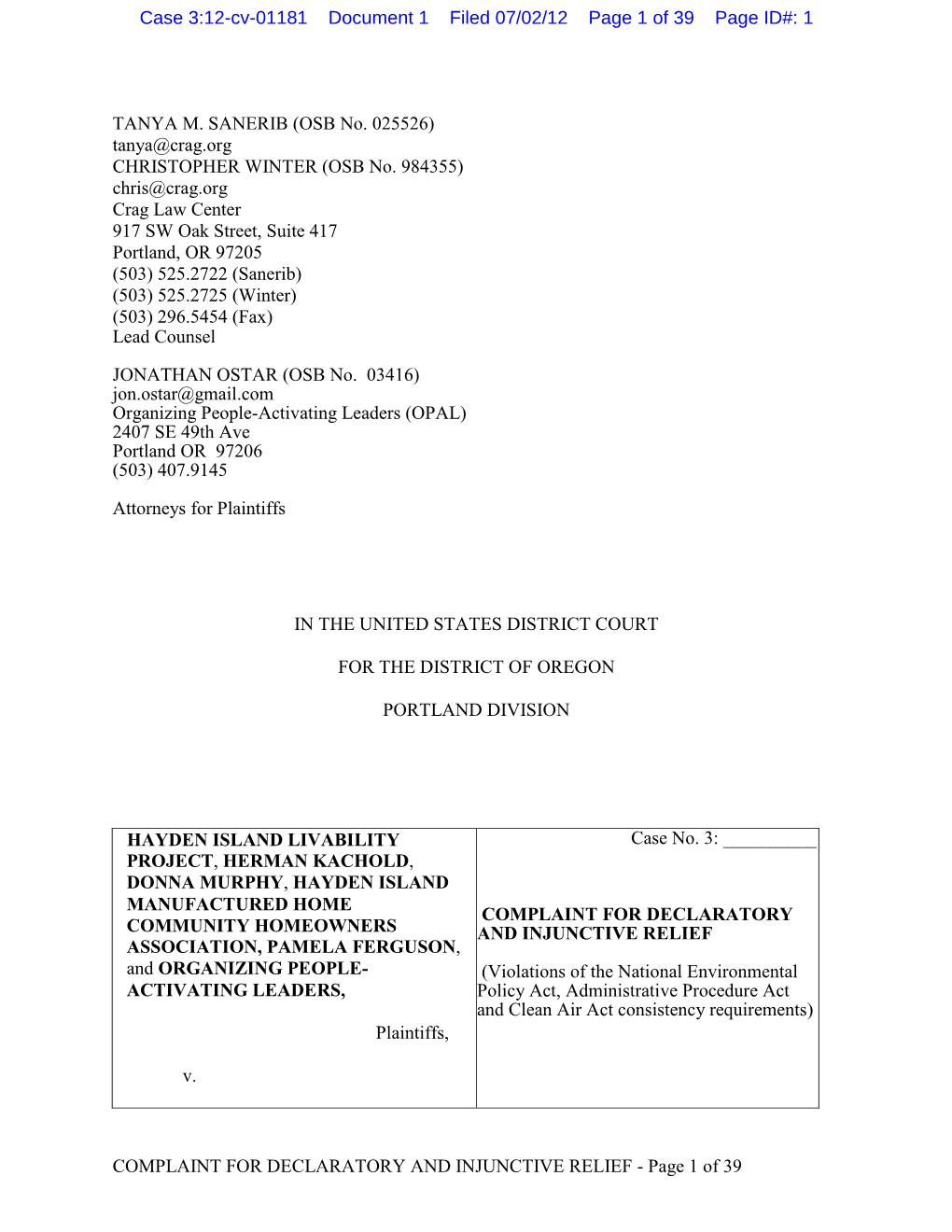 COMPLAINT for DECLARATORY and INJUNCTIVE RELIEF - Page 1 of 39 Case 3:12-Cv-01181 Document 1 Filed 07/02/12 Page 2 of 39 Page ID#: 2