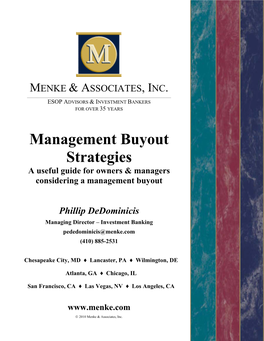 Management Buyout Strategies a Useful Guide for Owners & Managers Considering a Management Buyout