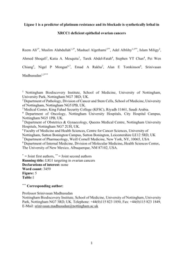 Ligase 1 Is a Predictor of Platinum Resistance and Its Blockade Is Synthetically Lethal In