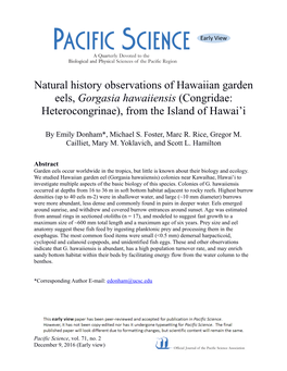 Natural History Observations of Hawaiian Garden Eels, Gorgasia Hawaiiensis (Congridae: Heterocongrinae), from the Island of Hawai’I