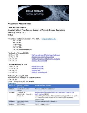Program and Abstract Titles Lunar Surface Science: Structuring Real-Time Science Support of Artemis Crewed Operations February 2