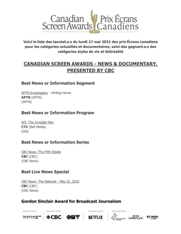 Canadian Screen Awards - News & Documentary, Presented by Cbc