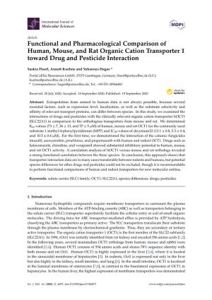 Functional and Pharmacological Comparison of Human, Mouse, and Rat Organic Cation Transporter 1 Toward Drug and Pesticide Interaction