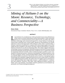 Mining of Helium-3 on the Moon: Resource, Technology, Commerciality