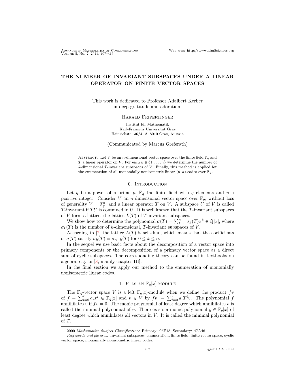 The Number of Invariant Subspaces Under a Linear Operator on Finite Vector Spaces