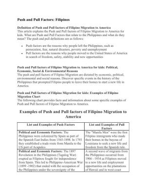 Examples of Push and Pull Factors of Filipino Migration to America