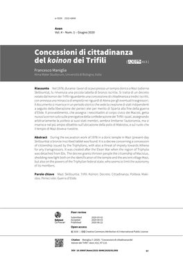 Concessioni Di Cittadinanza Del Koinon Dei Trifili [ 413 ] Francesco Maniglia Alma Mater Studiorum, Università Di Bologna, Italia