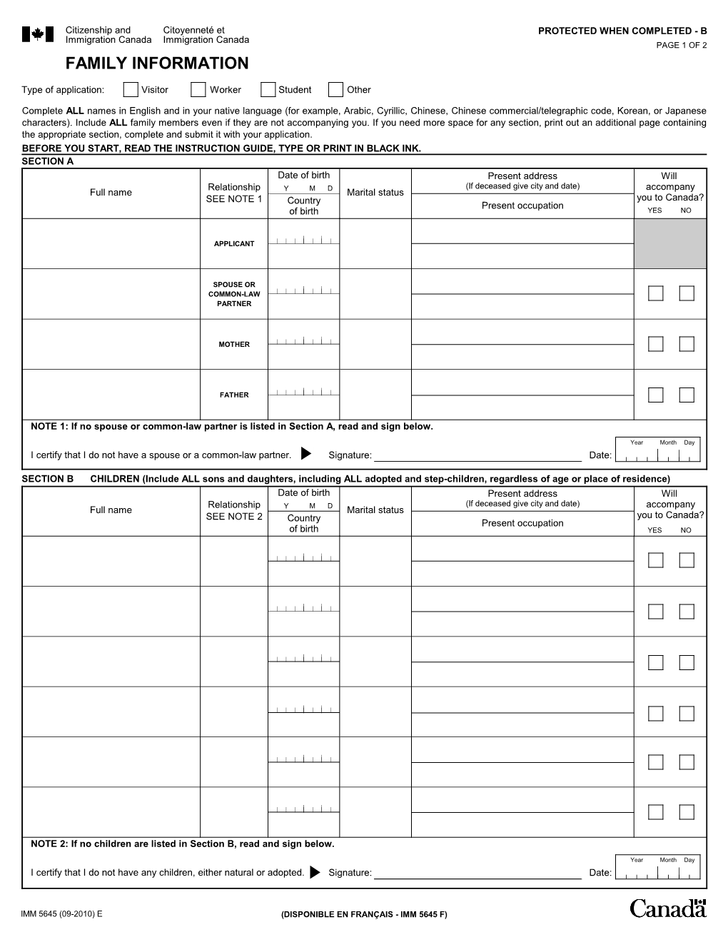 IMM 5645E : Family Information