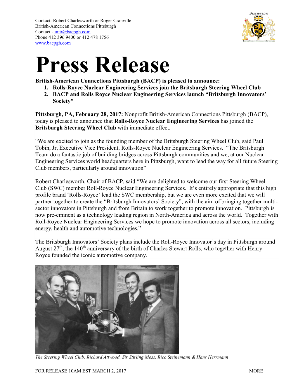 Press Release British-American Connections Pittsburgh (BACP) Is Pleased to Announce: 1
