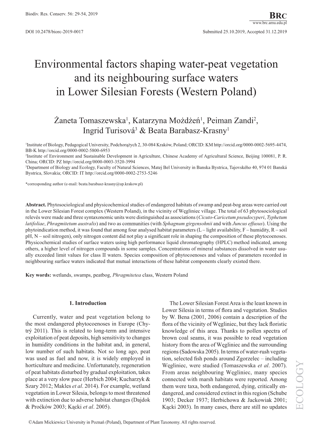 Environmental Factors Shaping Water-Peat Vegetation and Its Neighbouring Surface Waters in Lower Silesian Forests (Western Poland)