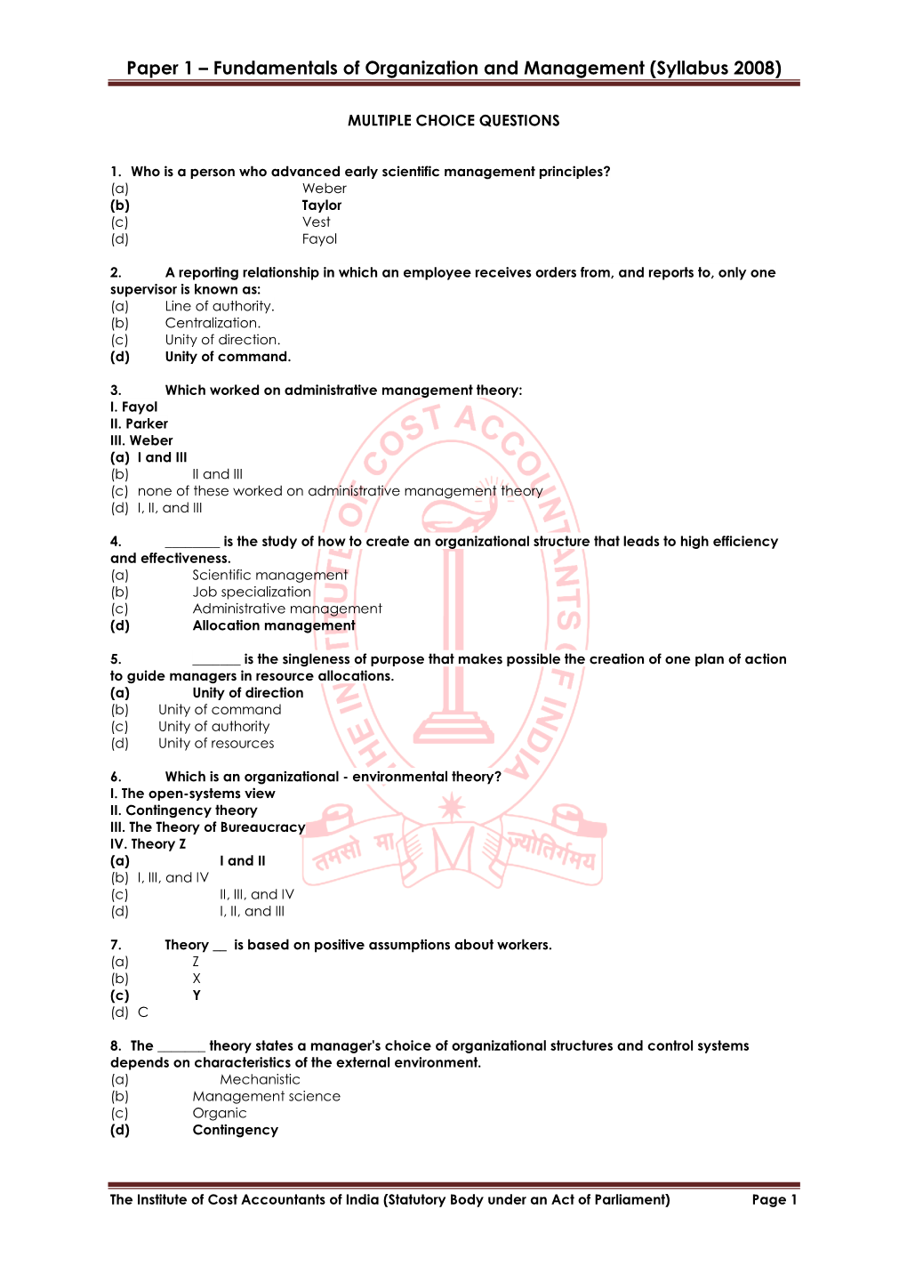 Paper 1 – Fundamentals of Organization and Management (Syllabus 2008)