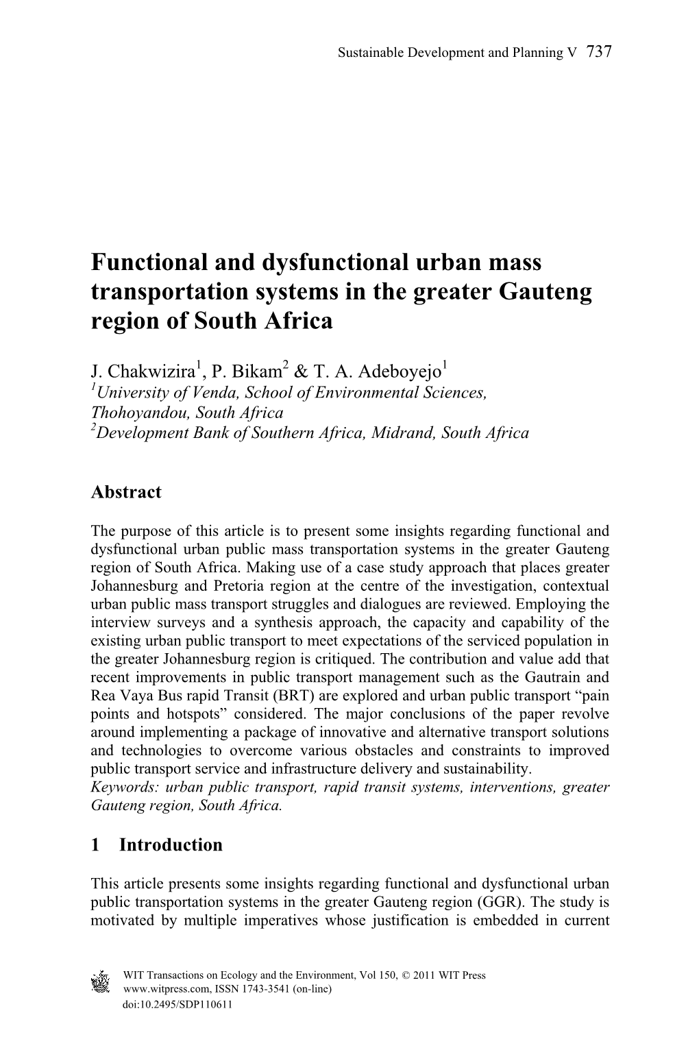 Functional and Dysfunctional Urban Mass Transportation Systems in the Greater Gauteng Region of South Africa