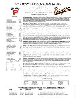 2019 BOWIE BAYSOX GAME NOTES Sunday, August 4, 2019 - 1:35 P.M