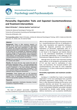 Personality Organization Traits and Expected Countertransference and Treatment Interventions Robert M Gordon1*, Valeriya Spektor2 and Linh Luu3