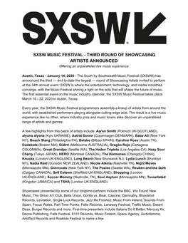 SXSW MUSIC FESTIVAL - THIRD ROUND of SHOWCASING ARTISTS ANNOUNCED Offering an Unparalleled Live Music Experience