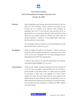 Tata Motors Q2FY10 Standalone Earnings Conference Call